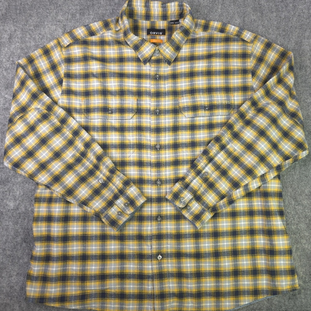 Orvis Flannel Shirt 2XL Active Fit Lightweight Yellow Blue Plaid Button Up